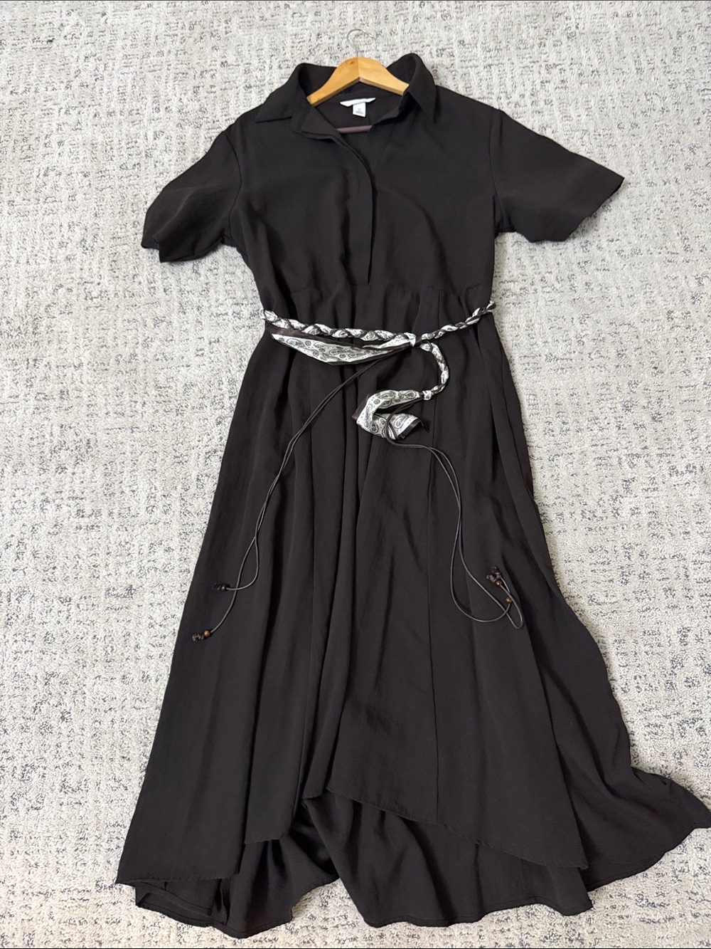H&M Black High-Low Collared Midi Dress with Patterned Waist Tie